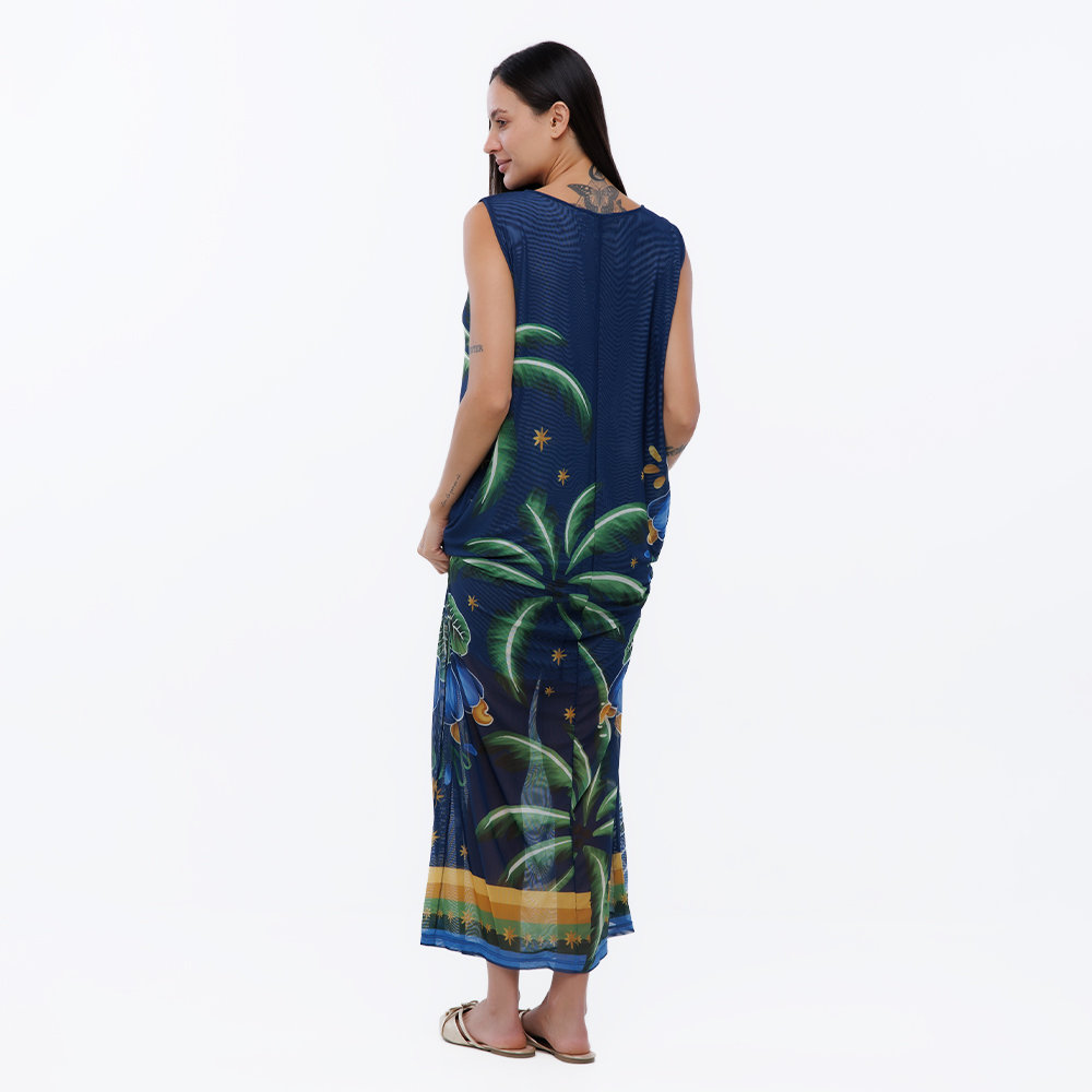 Vestido Feminino Tule Maré Estampado Motivos Tropicais Brasil Vestido Feminino Tule Maré Estampado Motivos Tropicais Brasil
