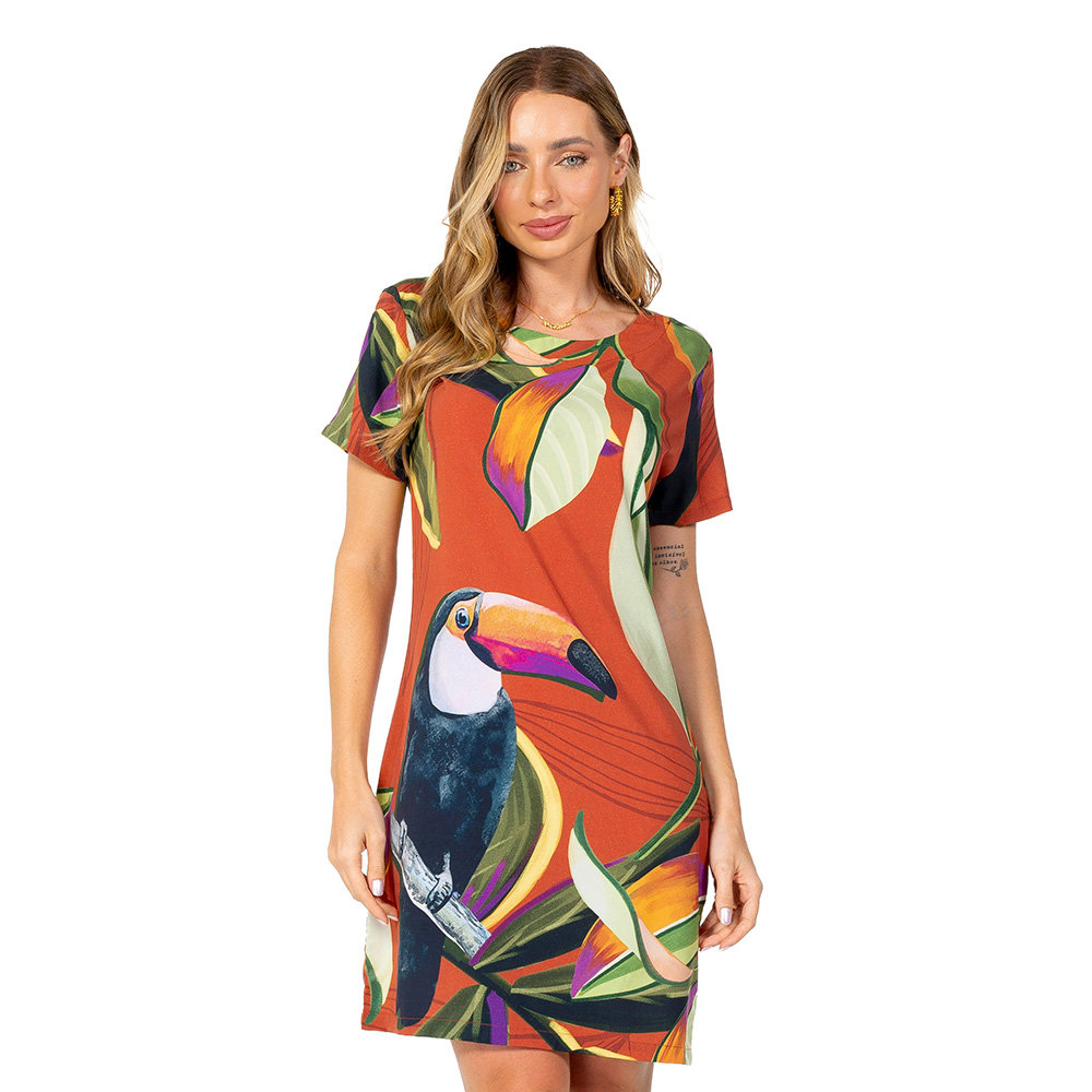 Vestido Feminino Atena Curto Estampado Tucano Folhas Fundo Verde Vestido Feminino Atena Curto Estampado Tucano Folhas Fundo Verde