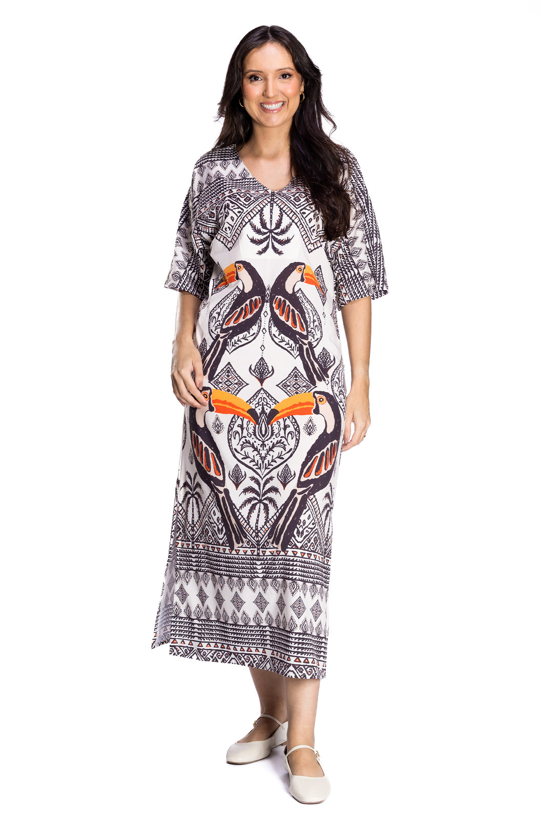 Vestido Feminino Kaftan Atena Estampado Tucano Desenhos Étnicos Vestido Feminino Kaftan Atena Estampado Tucano Desenhos Étnicos