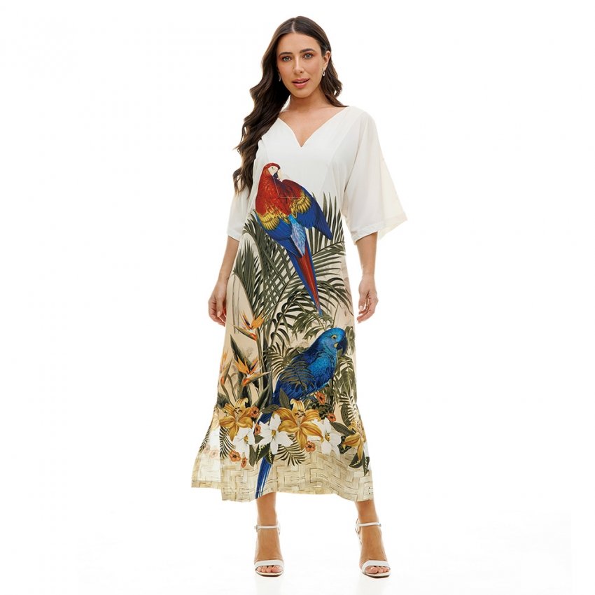 Vestido Feminino Kaftan Atena Estampado Pássaros Barrado Flores
