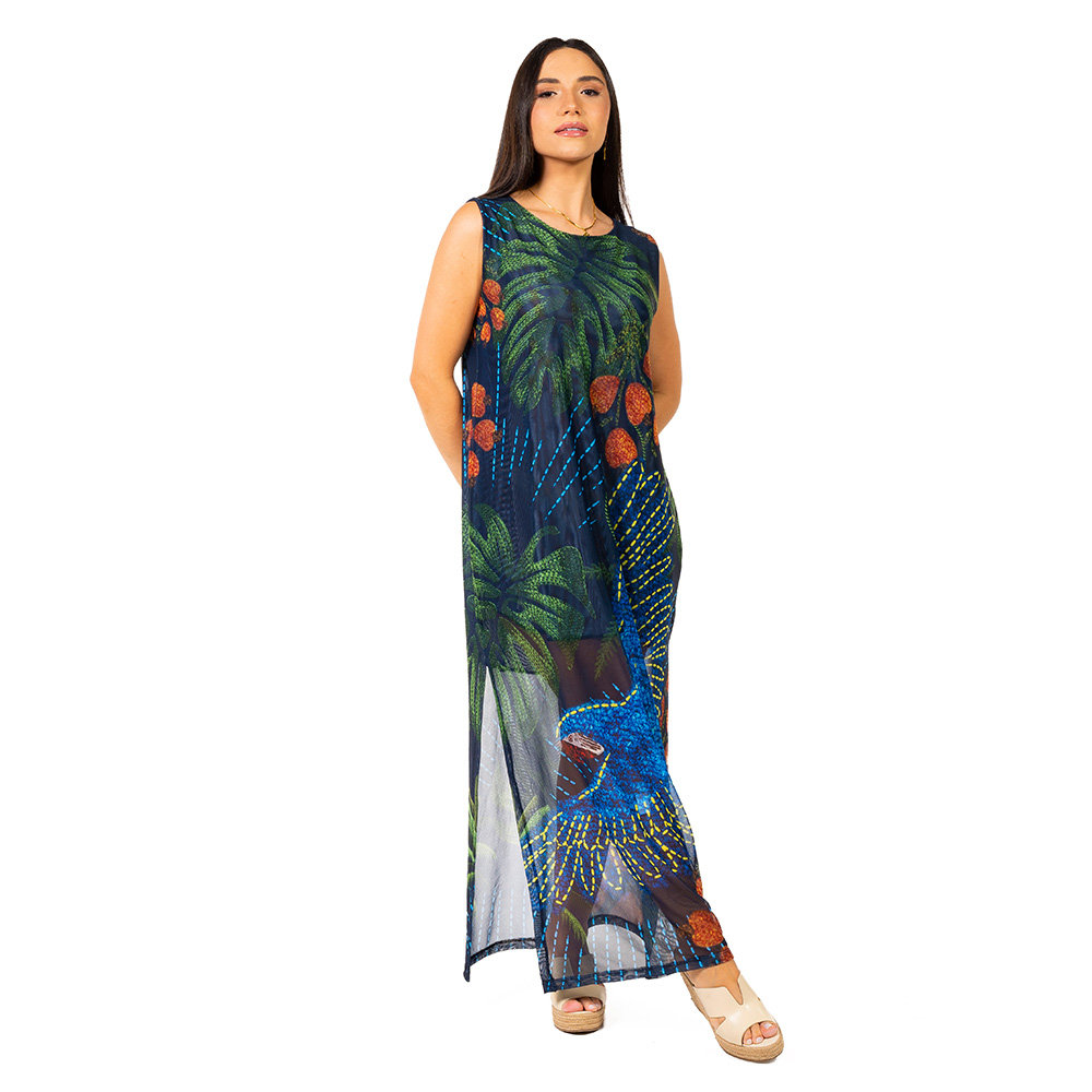 Vestido Feminino Tule Maré Estampado Arara Bord Barra Fundo Azul