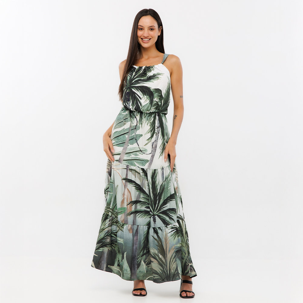 Vestido Feminino Aurora Estampado Palmeiras Fundo Degrade