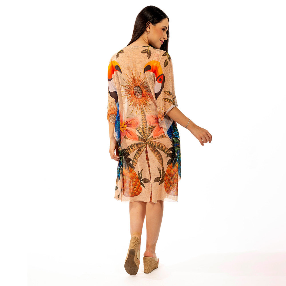 Saída de Praia Kaftan Tule Maré Estampada Aves Tropicais Barrado Saída de Praia Kaftan Tule Maré Estampada Aves Tropicais Barrado