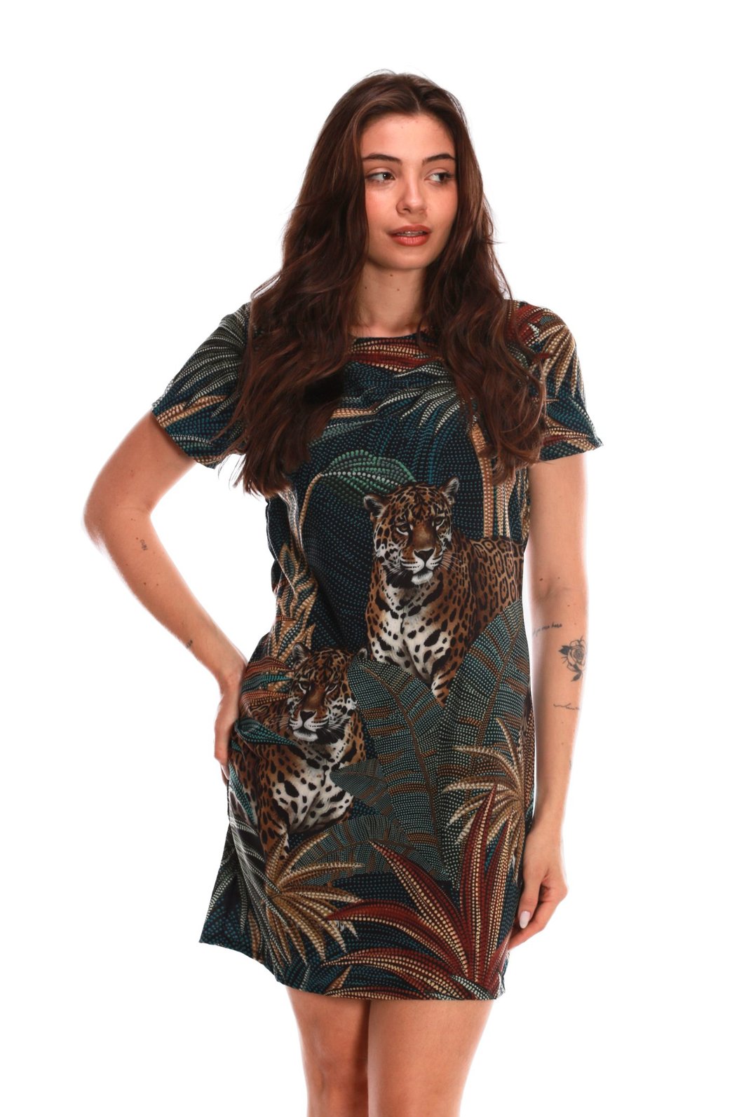 Vestido Feminino Atena Curto Estampado Onças Pontos de Luz Vestido Feminino Atena Curto Estampado Onças Pontos de Luz