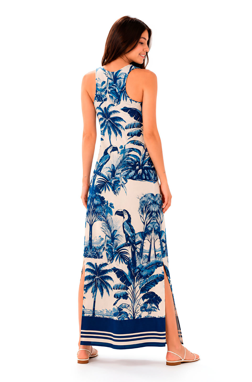 Vestido Feminino Hortência Estampado Tucano Paisagem Tons de Azul Vestido Feminino Hortência Estampado Tucano Paisagem Tons de Azul