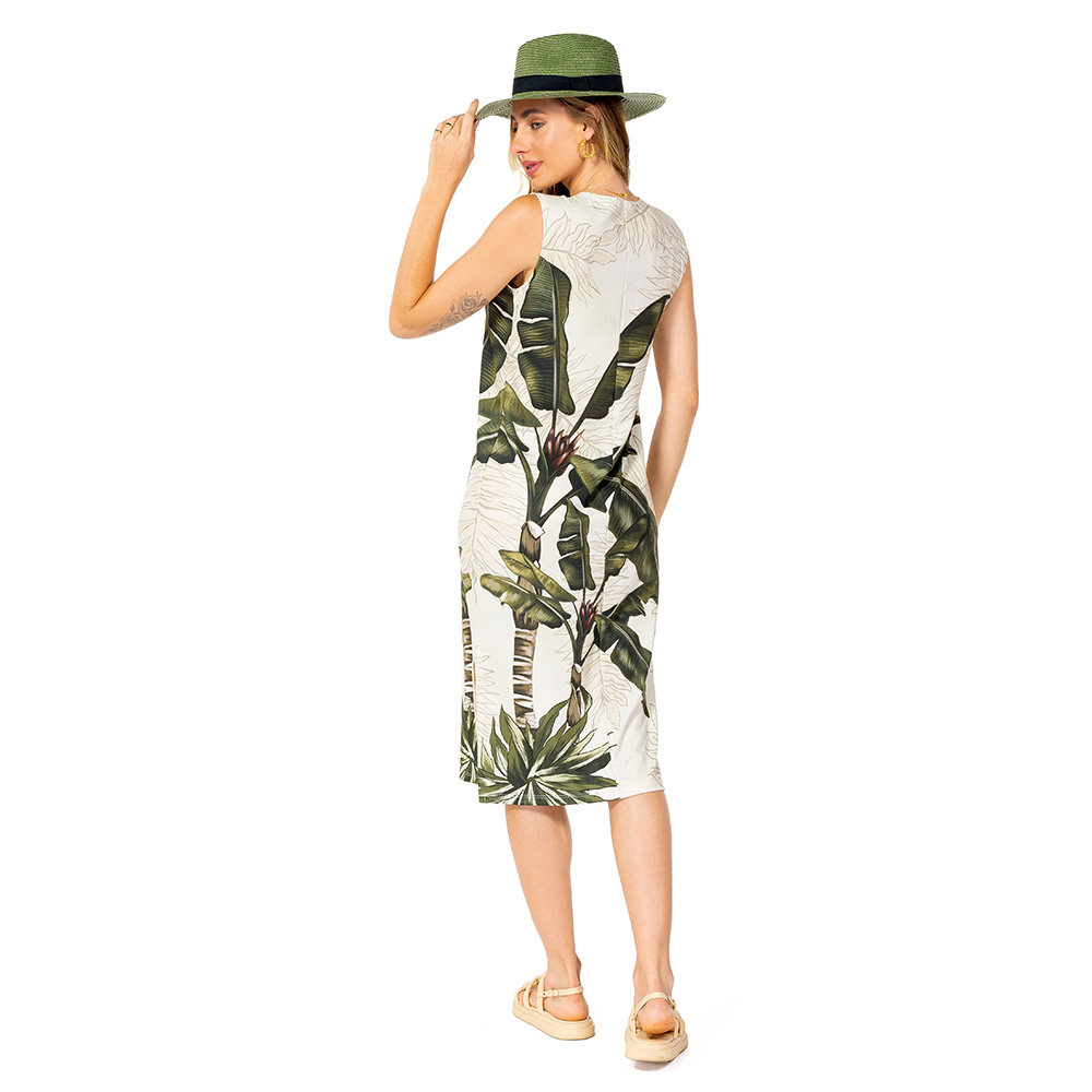 Vestido Feminino Clássico Midi Estampado Folhagens Fundo Linho Off Vestido Feminino Clássico Midi Estampado Folhagens Fundo Linho Off