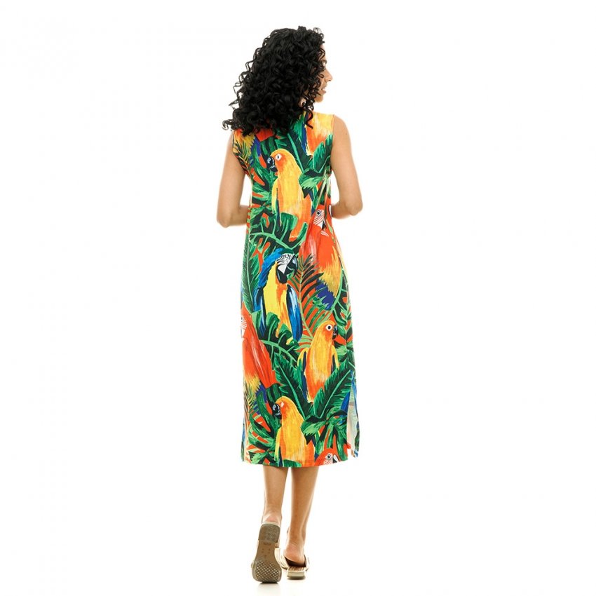 Vestido Feminino Clássico Midi Estampado Pássaros Fundo Vermelho Vestido Feminino Clássico Midi Estampado Pássaros Fundo Vermelho