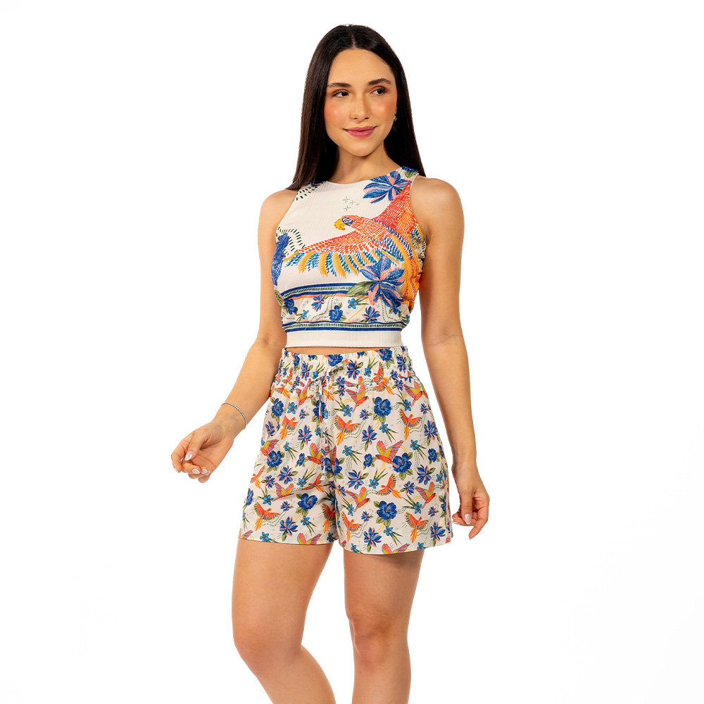 Top Feminino Canelado Estampado Pássaros e Flores Bordado