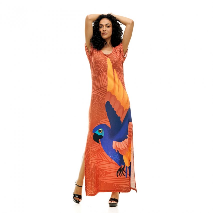 Vestido Feminino Jeri Longo New Estampado Arara Terracota Vestido Feminino Jeri Longo New Estampado Arara Terracota