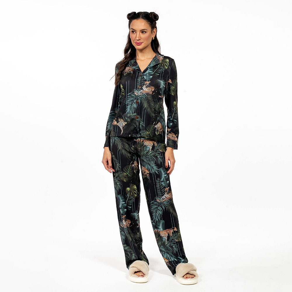Pijama Feminino Manga Longa Americano Estampado Rapport Onça Folhagens