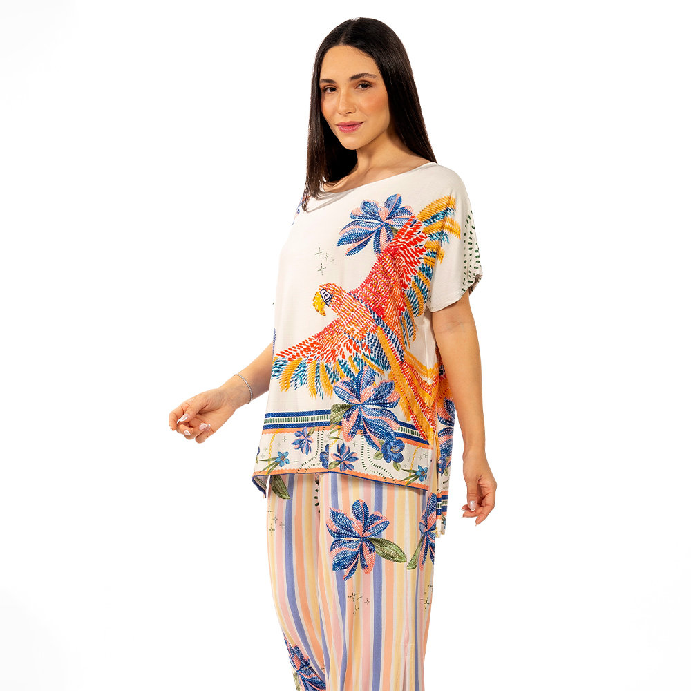 Blusa Fluid Conceito Estampada Pássaros e Flores Bordado