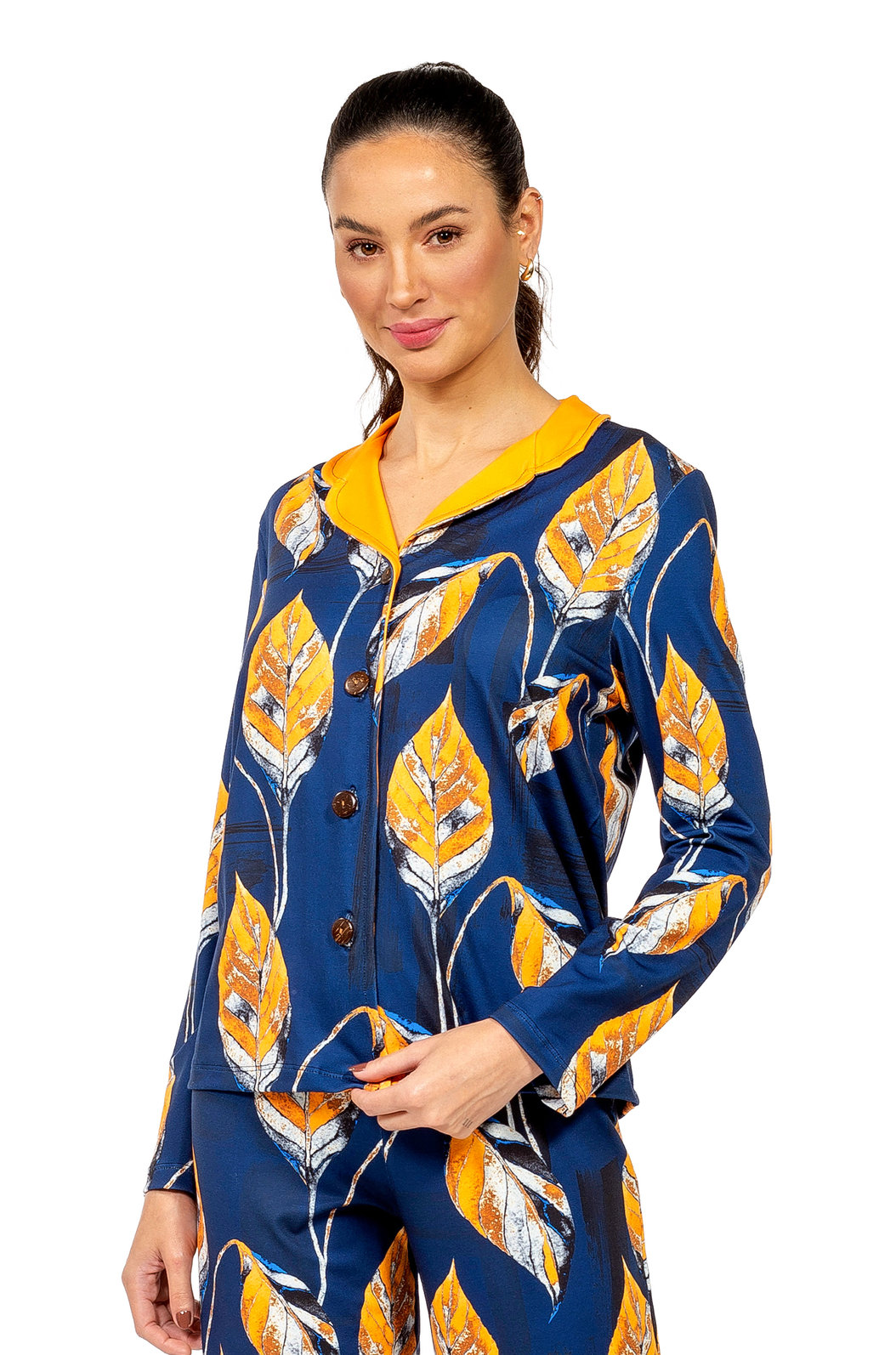 Pijama Feminino Manga Longa Americano Estampado Penas Azul Pincelado Pijama Feminino Manga Longa Americano Estampado Penas Azul Pincelado