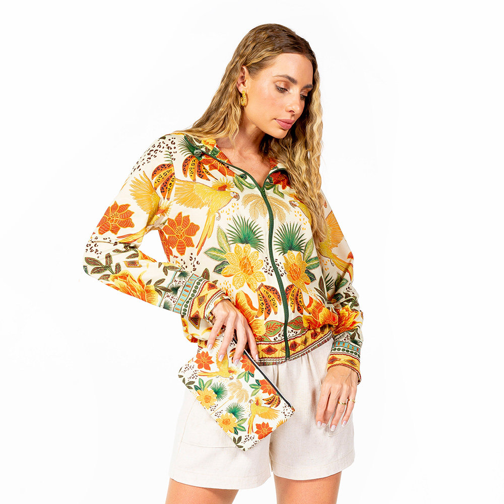 Jaqueta Bomber Catarina Estampada Arara Banana Bordado Barrado Jaqueta Bomber Catarina Estampada Arara Banana Bordado Barrado