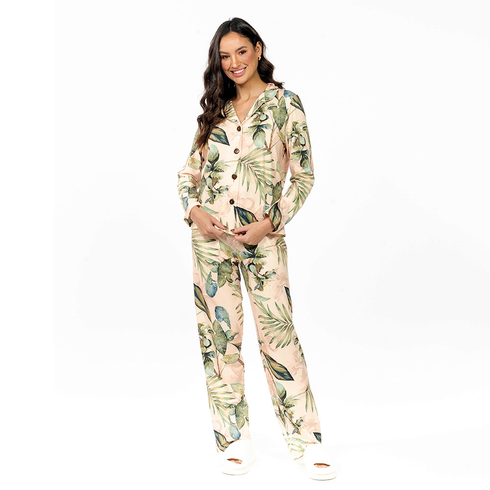 Pijama Feminino Manga Longa Americano Estampado Folhagens Verdes Pijama Feminino Manga Longa Americano Estampado Folhagens Verdes