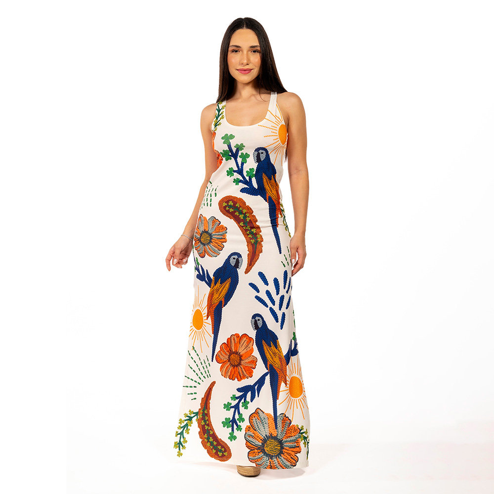 Vestido Feminino Hortência Estampado Arara Tropical Bordado Vestido Feminino Hortência Estampado Arara Tropical Bordado