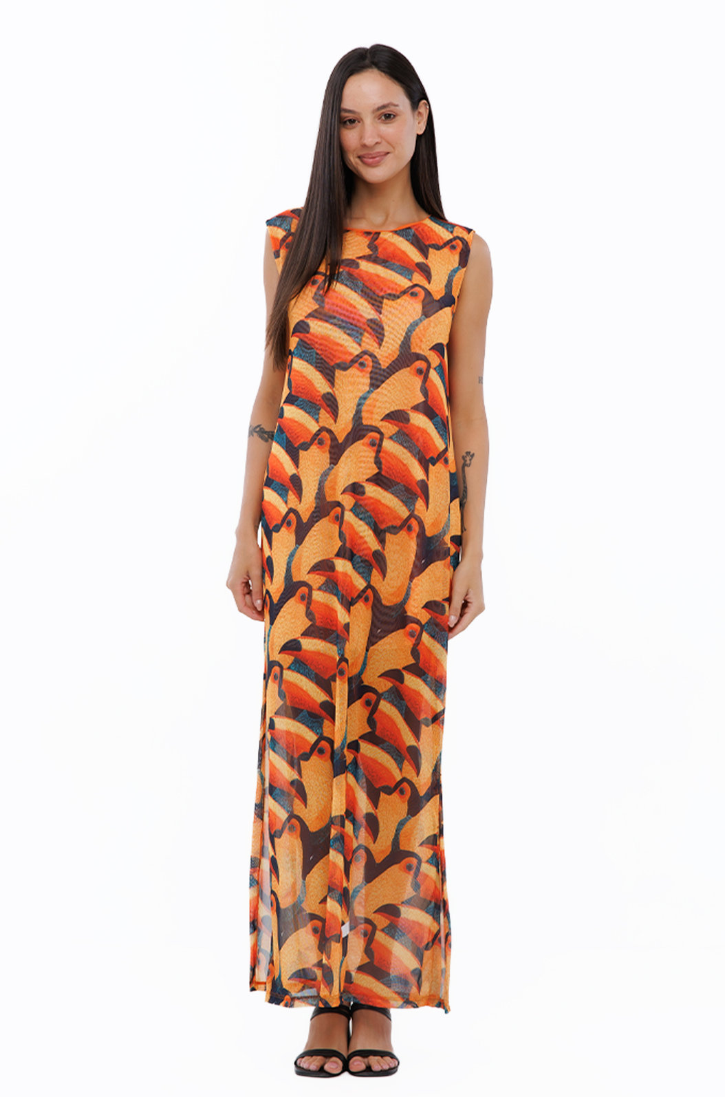 Vestido Feminino Tule Maré Estampado Tucanos Tela Bordada