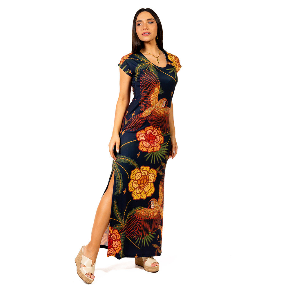 Vestido Feminino Jeri Longo New Estampado Tucano Barra Noite Fundo Azul Vestido Feminino Jeri Longo New Estampado Tucano Barra Noite Fundo Azul