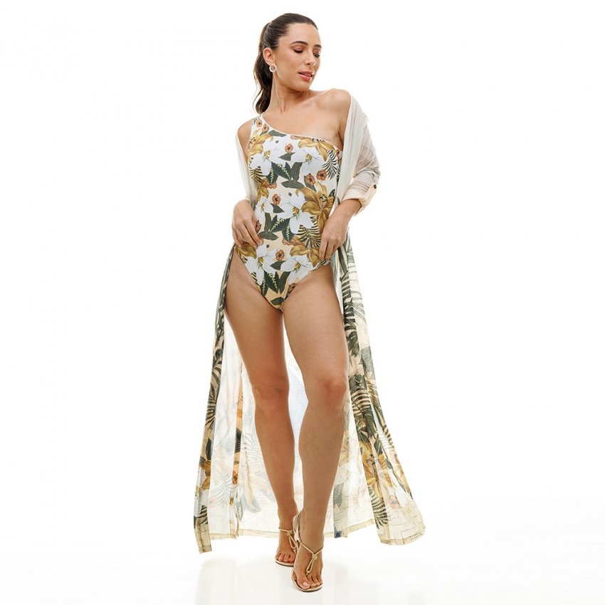 Saída Feminina de Praia Cancun Estampada Pássaros Barrado Flores