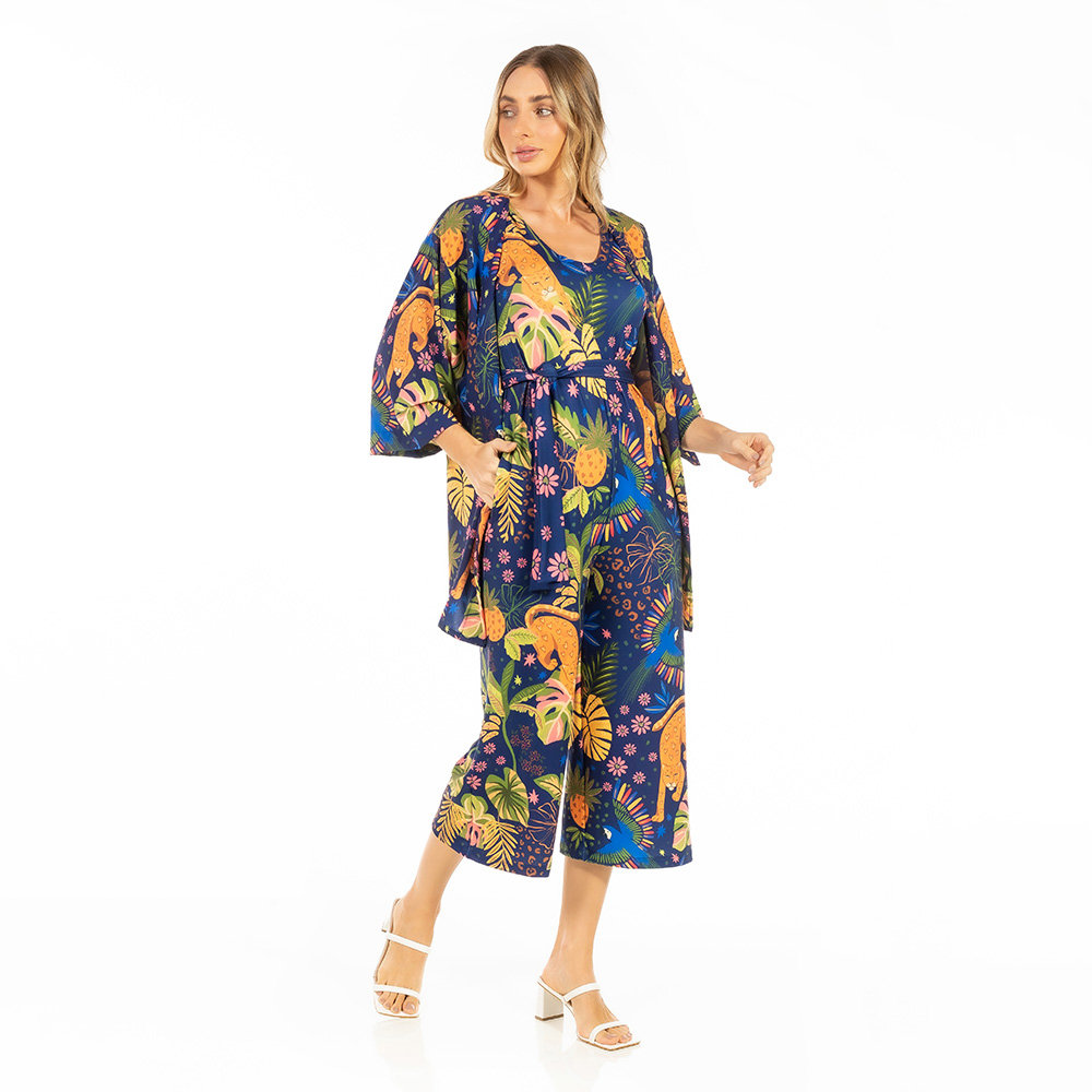 Kimono Raizes Estampado Onça Arara Candy Color