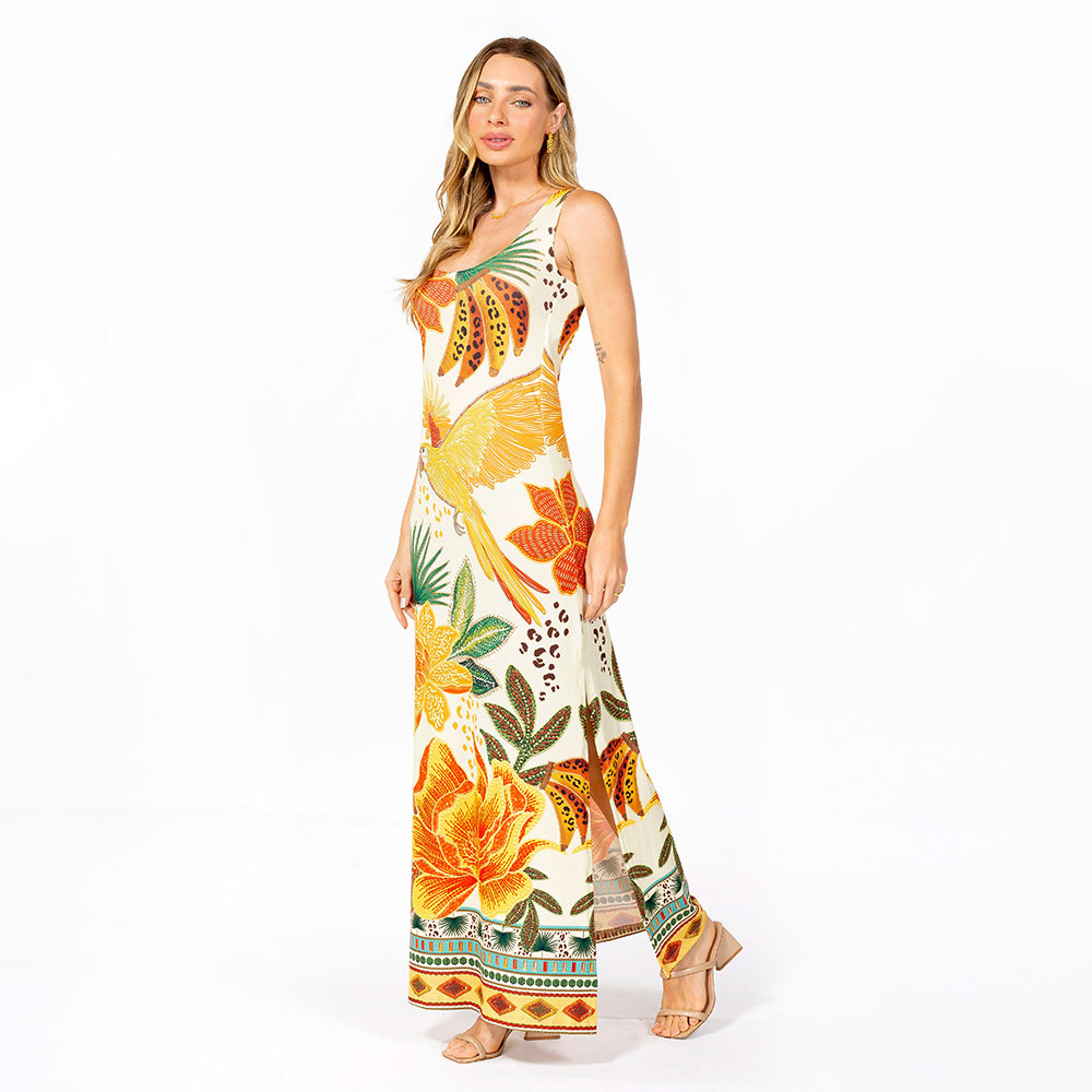 Vestido Feminino Hortência Estampado Arara Banana Bord Barrado