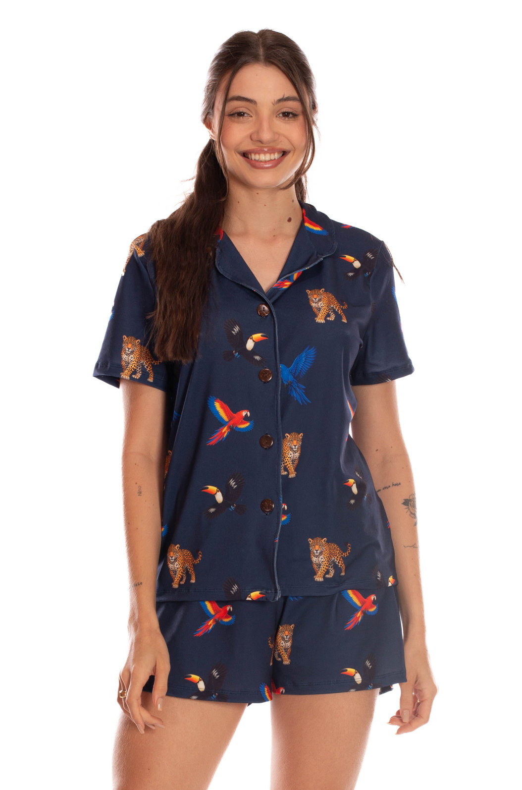 Pijama Feminino Manga Curta Americano Estampado Fauna Brasil Marinho Pijama Feminino Manga Curta Americano Estampado Fauna Brasil Marinho