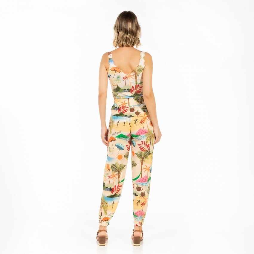 Calça Feminina Jogger Com Bolso Estampada Vida Tropical Praia Calça Feminina Jogger Com Bolso Estampada Vida Tropical Praia