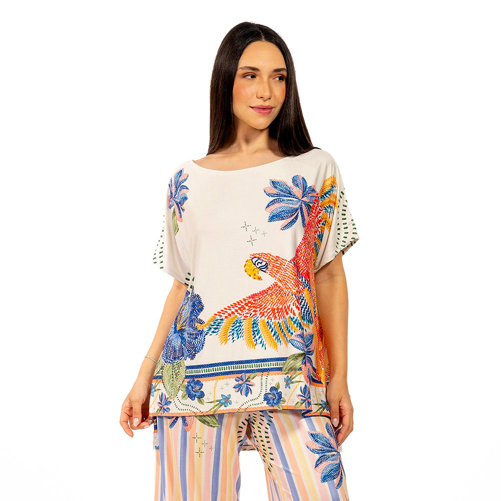 Blusa Fluid Conceito Estampada Pássaros e Flores Bordado