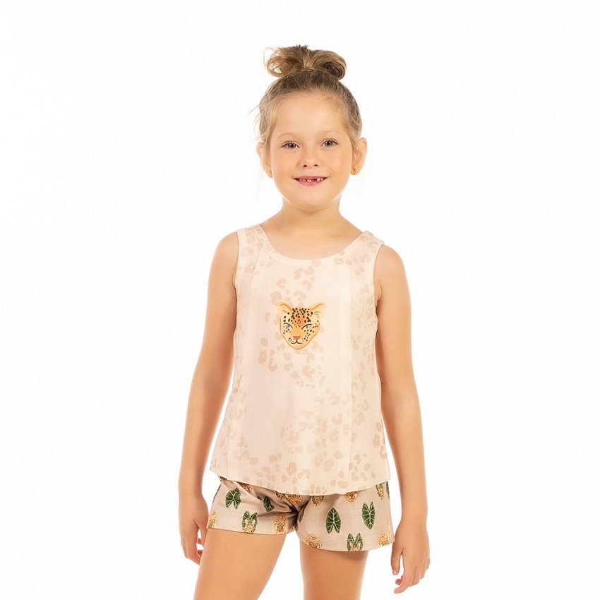 Pijama Infantil Estampado Onça Folha Fundo Ocre Pijama Infantil Estampado Onça Folha Fundo Ocre