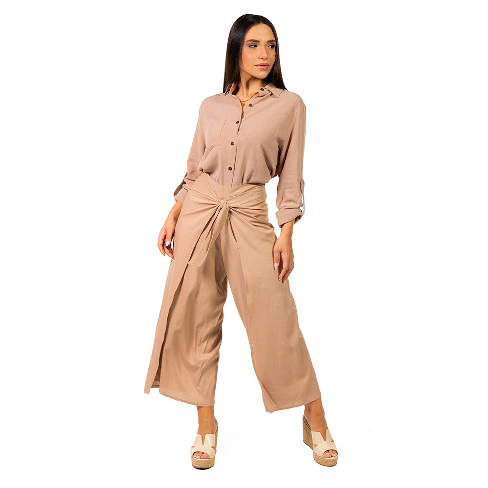 Calça Feminina Linho Transpassada Marrom Claro Calça Feminina Linho Transpassada Marrom Claro