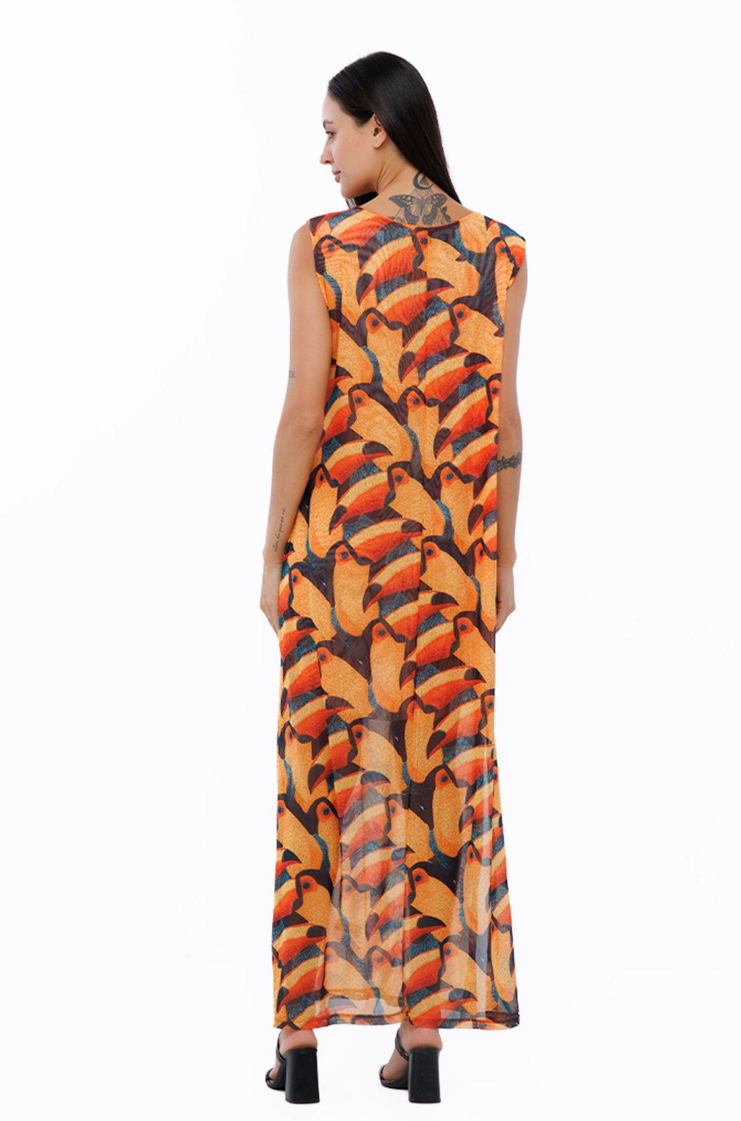Vestido Feminino Tule Maré Estampado Tucanos Tela Bordada