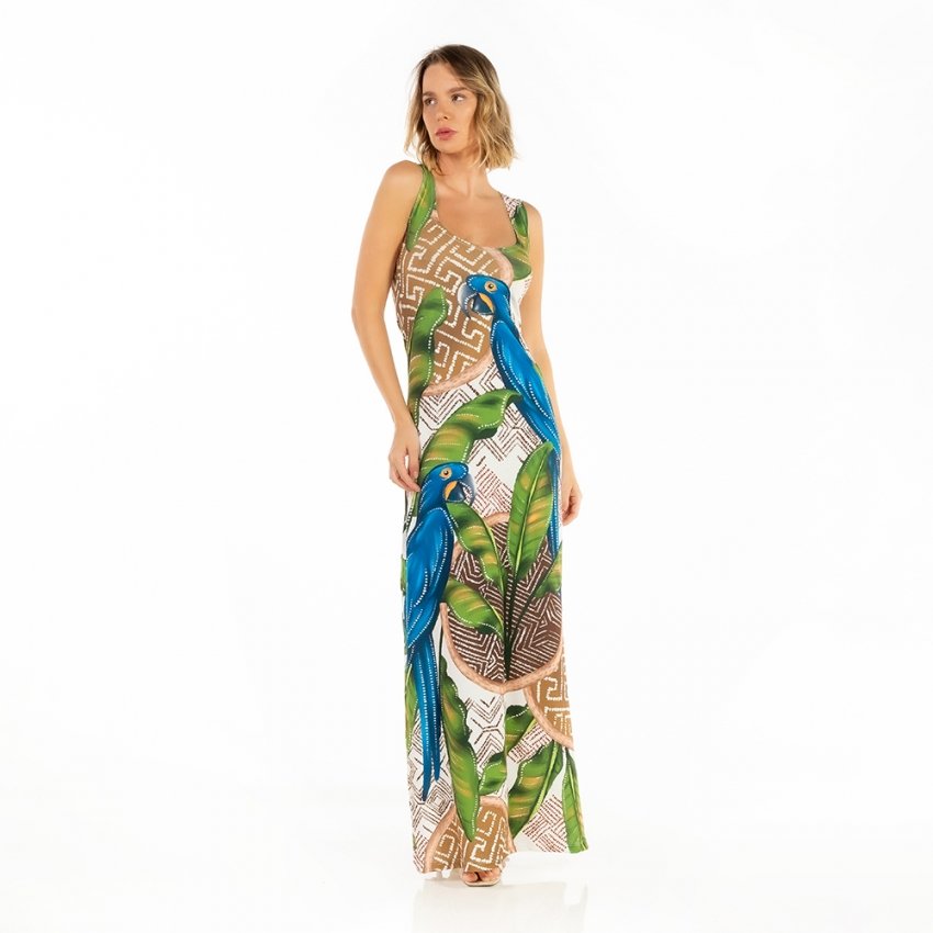 Vestido Feminino Hortência Estampado Cestos Arara Azul Étnicos Vestido Feminino Hortência Estampado Cestos Arara Azul Étnicos