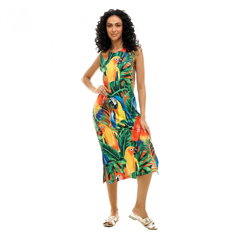 Vestido Feminino Clássico Midi Estampado Pássaros Fundo Vermelho Vestido Feminino Clássico Midi Estampado Pássaros Fundo Vermelho