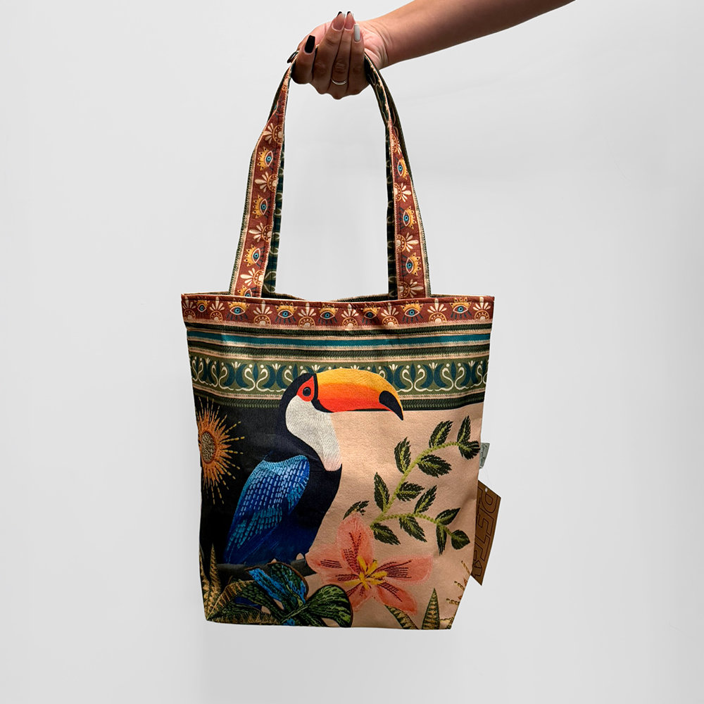 Bolsa Rosinha Estampada Aves Tropicais Barrado Bolsa Rosinha Estampada Aves Tropicais Barrado
