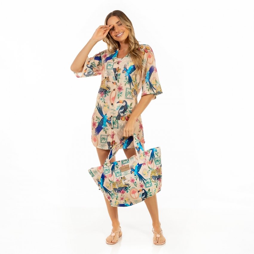 Saída de Praia Chemise Alongada Estampada Bichos Flores Verão Posta