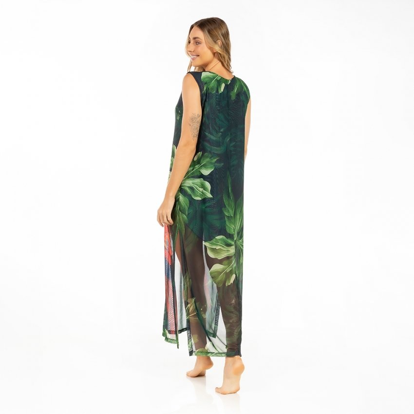 Vestido Feminino Tule Maré Estampado Casal Araras Fundo Folhagem Vestido Feminino Tule Maré Estampado Casal Araras Fundo Folhagem