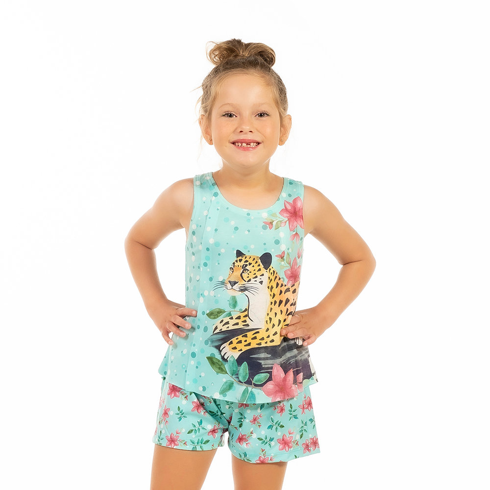 Pijama Infantil Estampado Onça Tronco Fundo Cian Pijama Infantil Estampado Onça Tronco Fundo Cian