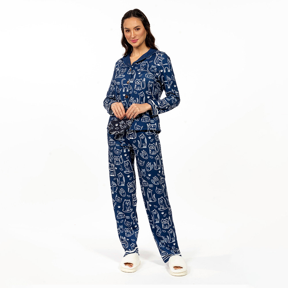 Pijama Feminino Manga Longa Americano Estampado Gatinho Peixe Pata Pijama Feminino Manga Longa Americano Estampado Gatinho Peixe Pata