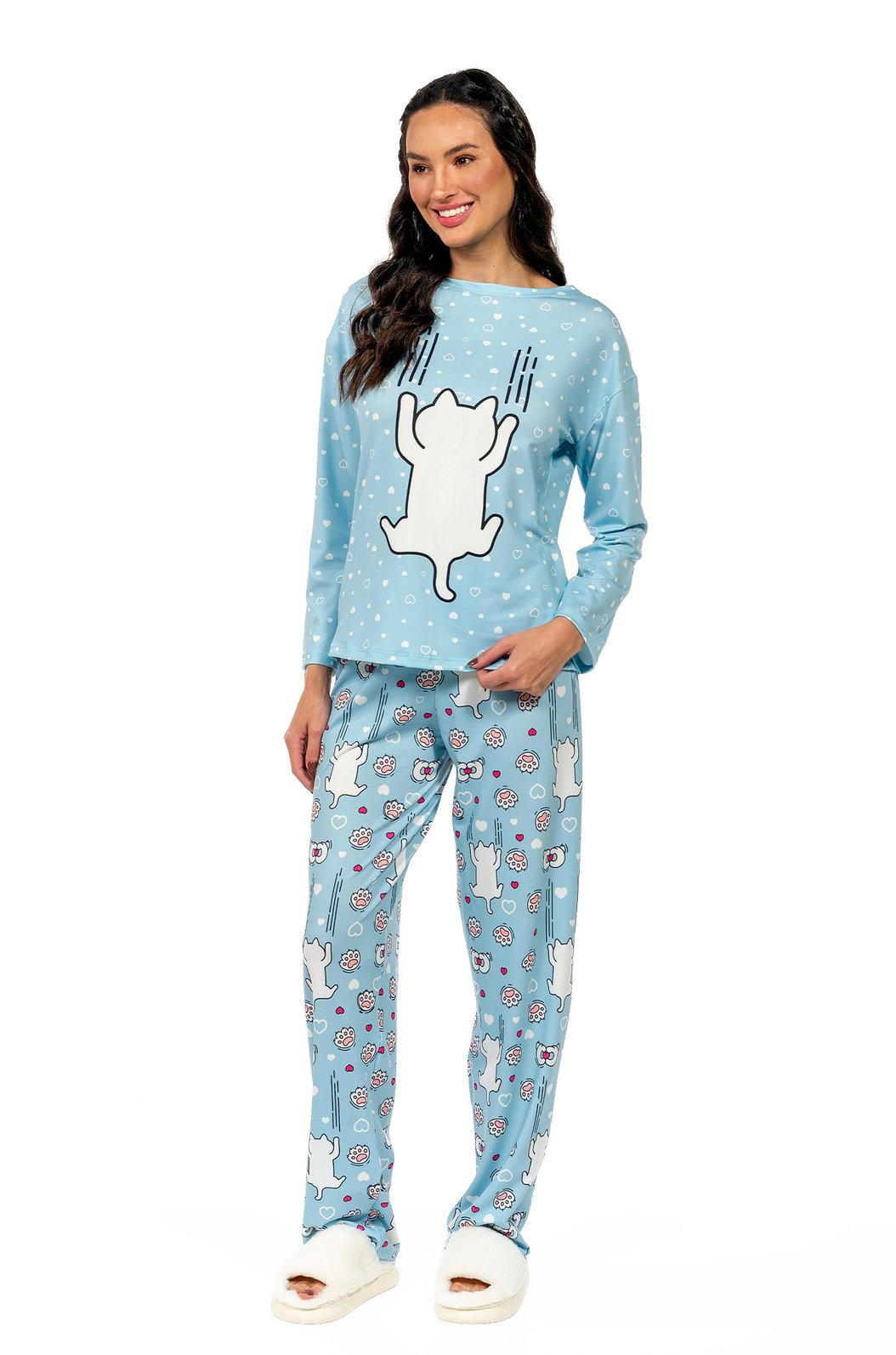 Pijama Feminino Manga Longa Adulto Estampado Gato Escorregando Pijama Feminino Manga Longa Adulto Estampado Gato Escorregando