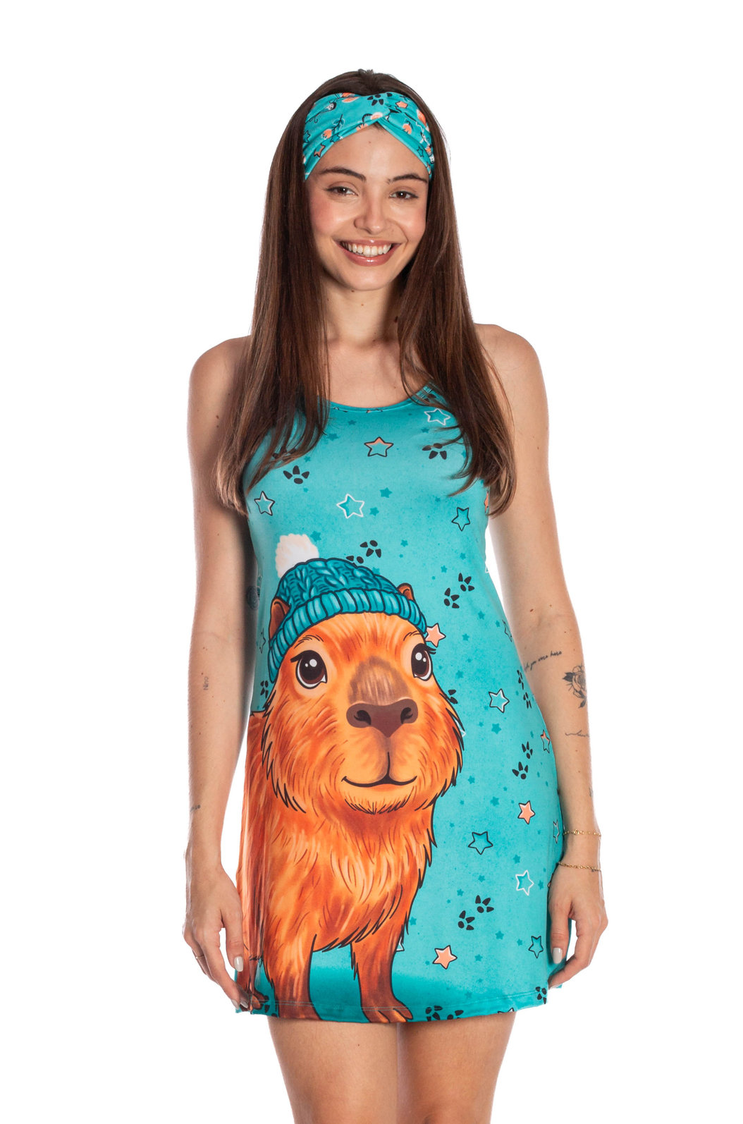 Vestido Feminino Camisola Bons Sonhos Estampado Capivara Touca Estrelas Vestido Feminino Camisola Bons Sonhos Estampado Capivara Touca Estrelas