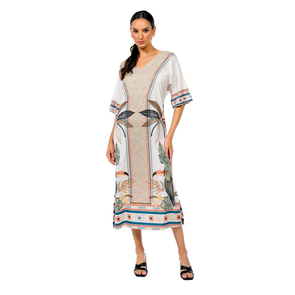 Vestido Feminino Kaftan Atena Estampado Tucaninhos Bordados