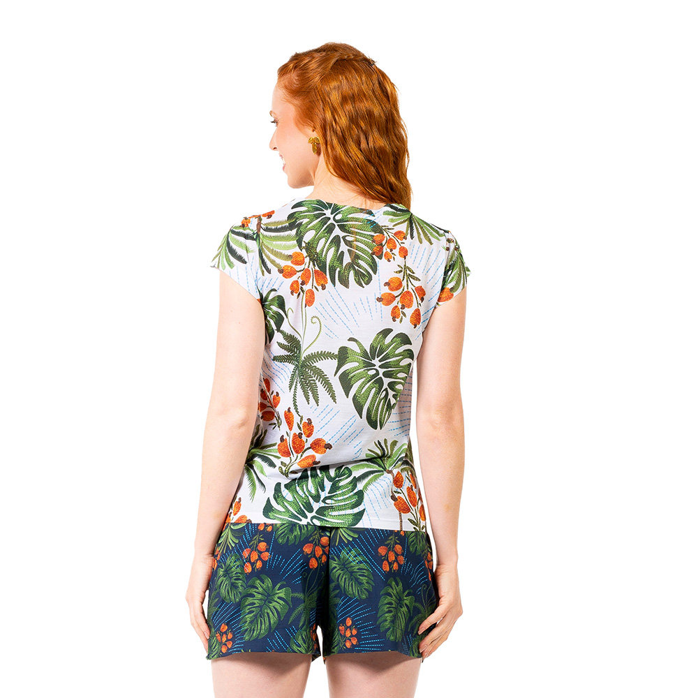 Blusa Florata Estampada Arara Bordado Barra Fundo Azul