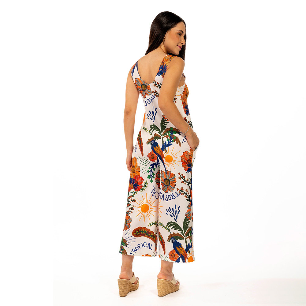 Macacão Feminino Bambu Estampado Arara Tropical Bordado Macacão Feminino Bambu Estampado Arara Tropical Bordado