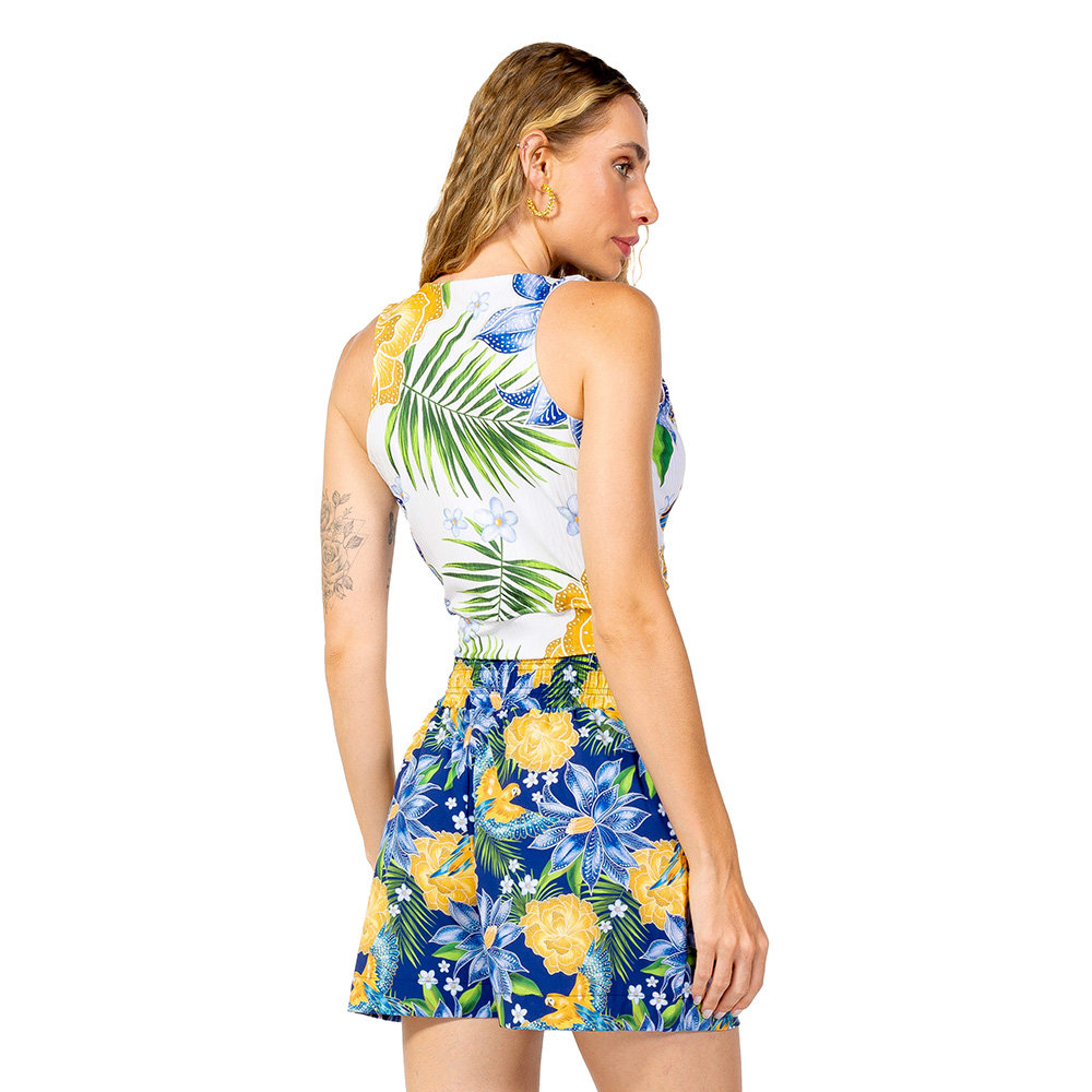 Top Feminino Canelado Estampado Araras Flores Cores Brasil