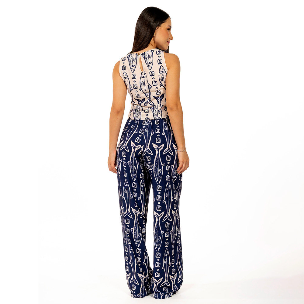 Calça Feminina Ampla Atena Estampada Maxi Peixes Fundo Off Calça Feminina Ampla Atena Estampada Maxi Peixes Fundo Off