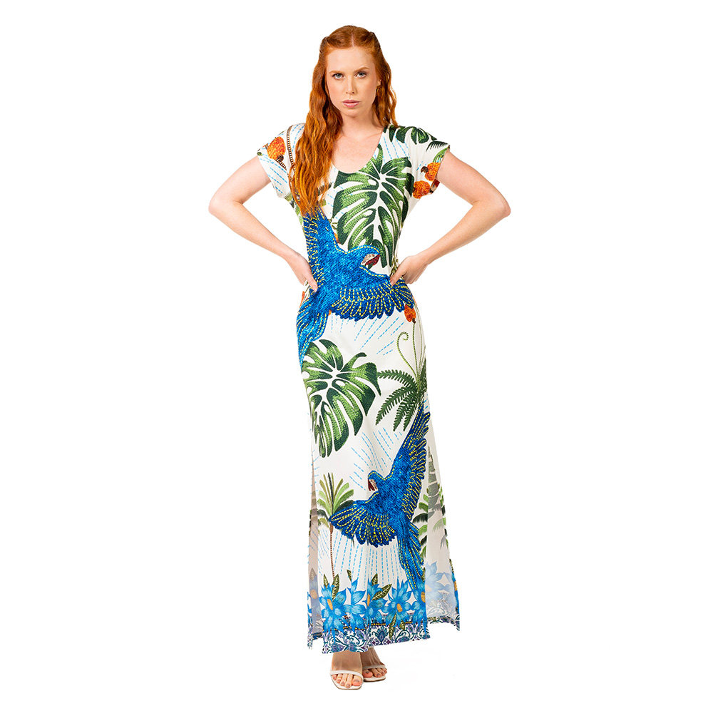 Vestido Feminino Jeri Longo New Estampado Arara Bordado Barra Fundo Azul