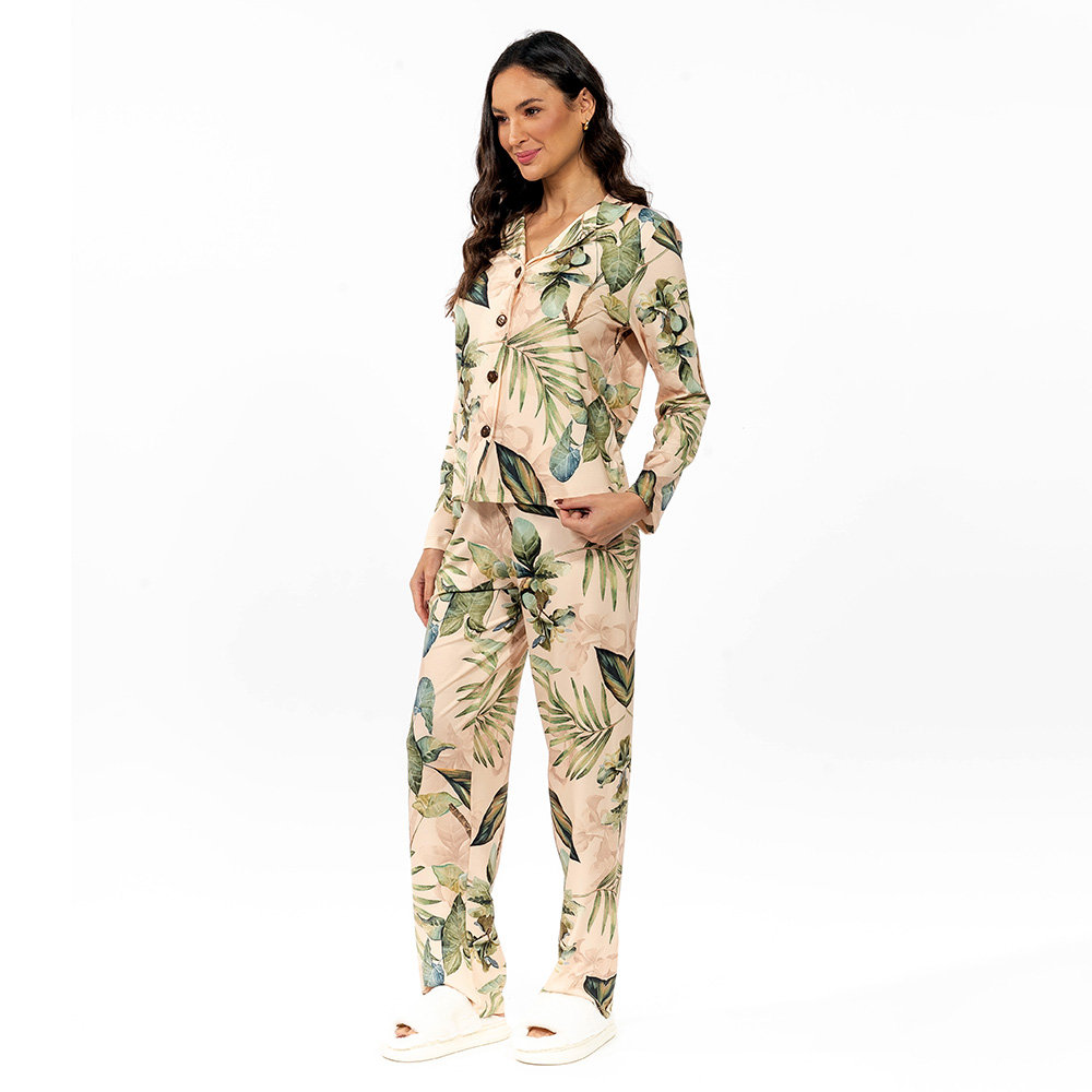 Pijama Feminino Manga Longa Americano Estampado Folhagens Verdes Pijama Feminino Manga Longa Americano Estampado Folhagens Verdes