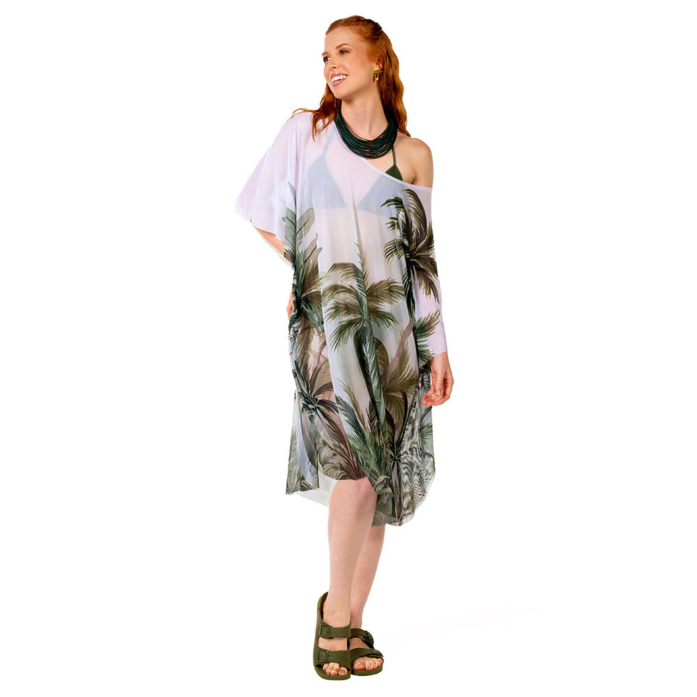Saída de Praia Kaftan Tule Maré Estampada Palmeiras Fundo Degradê Saída de Praia Kaftan Tule Maré Estampada Palmeiras Fundo Degradê