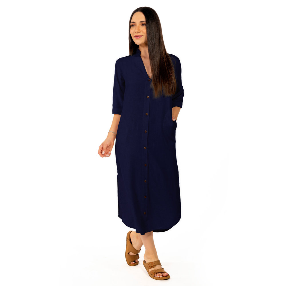 Vestido Feminino Chemise Linho Manga Curta Gola Padre Azul Marinho Vestido Feminino Chemise Linho Manga Curta Gola Padre Azul Marinho