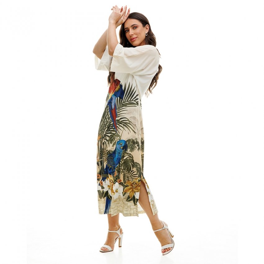 Vestido Feminino Kaftan Atena Estampado Pássaros Barrado Flores
