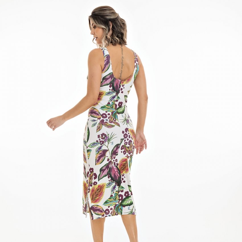 Vestido Feminino Canelado Estampado Folhagem Fundo Bege Vestido Feminino Canelado Estampado Folhagem Fundo Bege